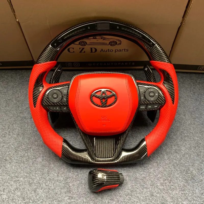 Czd Auto Parts For 2019-2022 Toyota 8Th Gen Camry Se Xse Le Xle/Avalon Carbon Fiber Steering Wheel With Red Perfortaed Leather 1