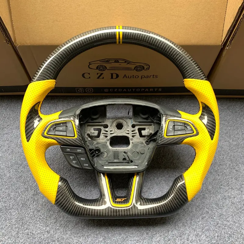 Czd Auto Parts For Ford Focus Mk3 Rs/St /Ecosport/Escape/Kuga/C-Max 2015-2020 Carbon Fiber Steering Wheel With Yellow Perforated Leather 1