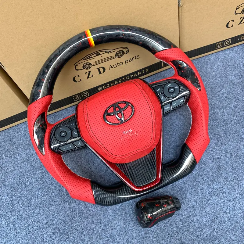 Czd Autoparts For Toyota 8Th Gen Camry Se Xse Le Xle 2018-2022 Carbon Fiber Steering Wheel Forged Carbon Fiber With Red Flakes Top And Gloss Black Carbon Fiber Bottom 1
