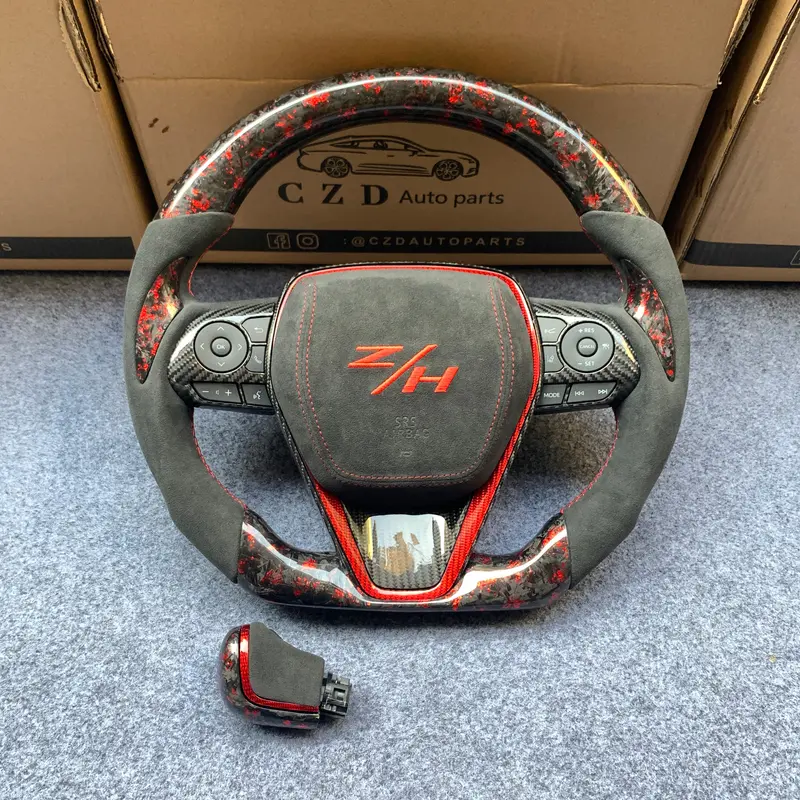 Czd Autoparts For Toyota 8Th Gen Camry Se Xse Le Xle 2018-2022 Carbon Fiber Steering Wheel Gloss Forged Carbon Fiber With Red Flakes Top And Bottom 1