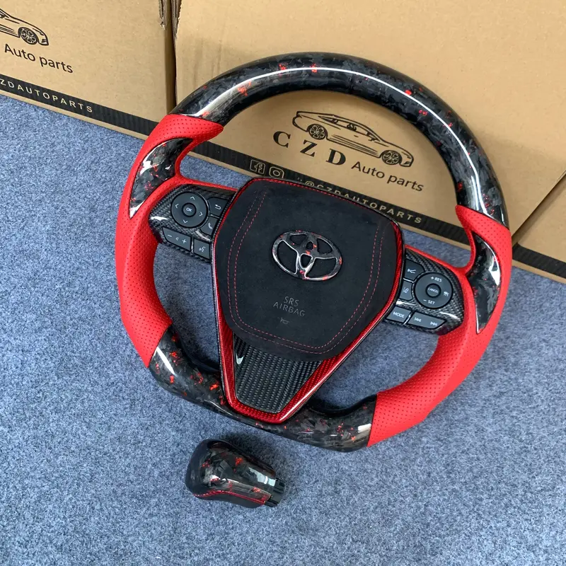 Czd Autoparts For Toyota 8Th Gen Camry Se Xse Le Xle 2018-2022 Carbon Fiber Steering Wheel Red Perforated Leather Sides 1