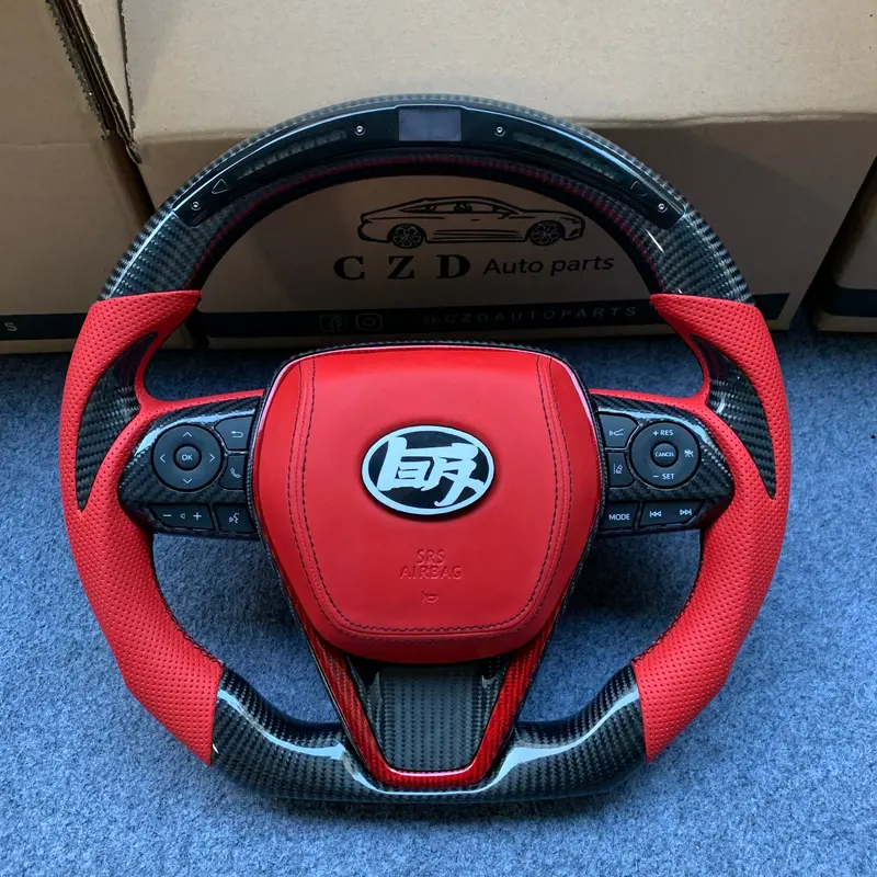 Czd Autoparts For Toyota Avalon 2019-2022 Carbon Fiber Steering Wheel With Led And Red Smooth Leather Airbag Cover 1