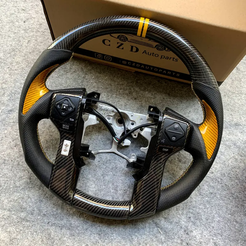 Czd Autoparts For Toyota Sequoia 2014-2020 Gloss Black Carbon Fiber Steering Wheel With Yellow Thrumbgrips 1